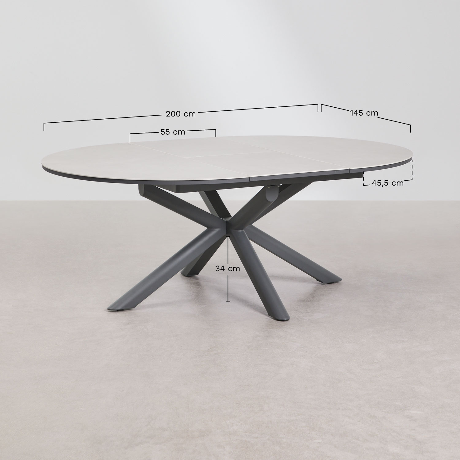 Set van 145-200x145 cm uitschuifbare aluminium tafel Begur en 8 tuinstoelen van staal Anerina, AFMETINGEN