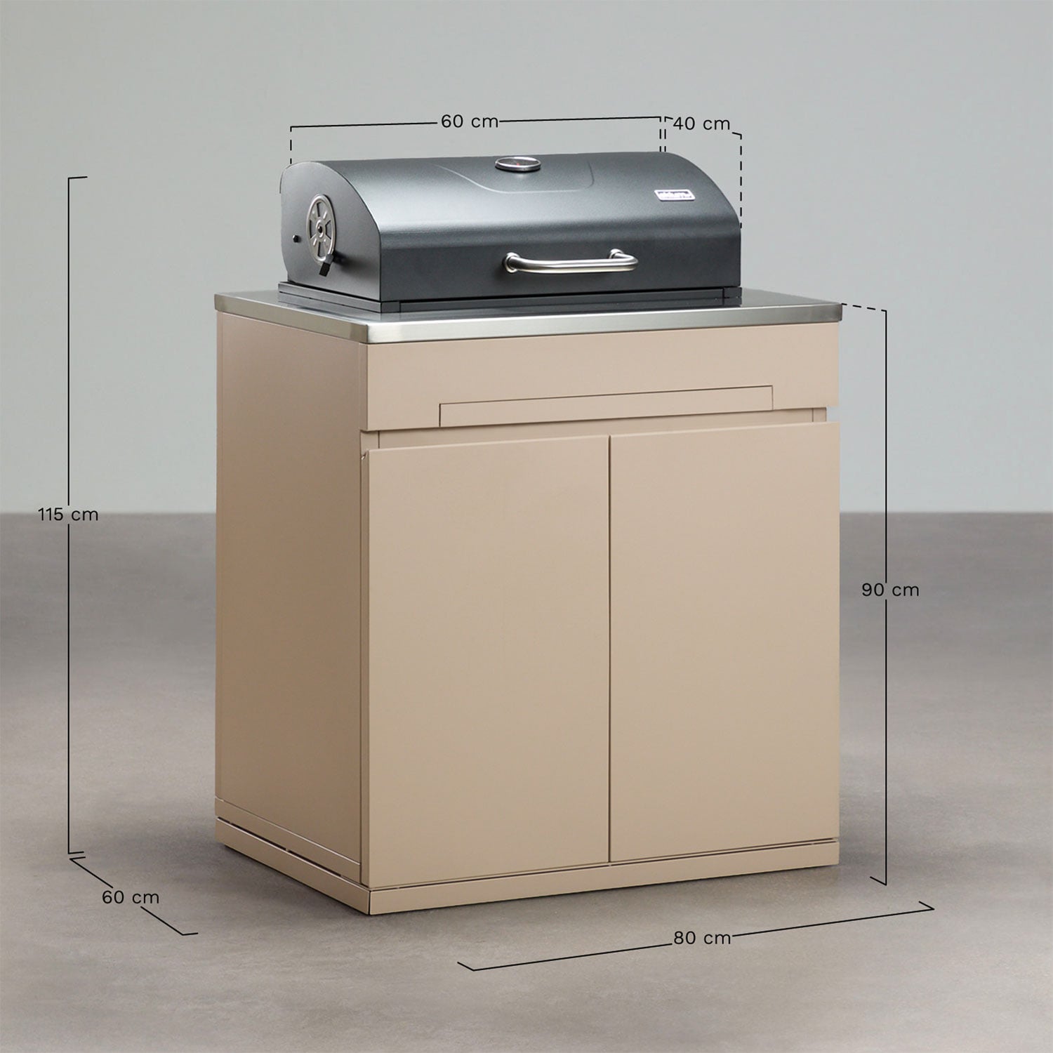 Opslagmodule met houtskoolbarbecue voor modulaire buitenkeuken van Rivana-staal, AFMETINGEN