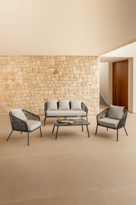 Tuinset met 2-zitsbank, 2 stoelen van gevlochten touw en salontafel Arhiza - Grijs – Grafiet