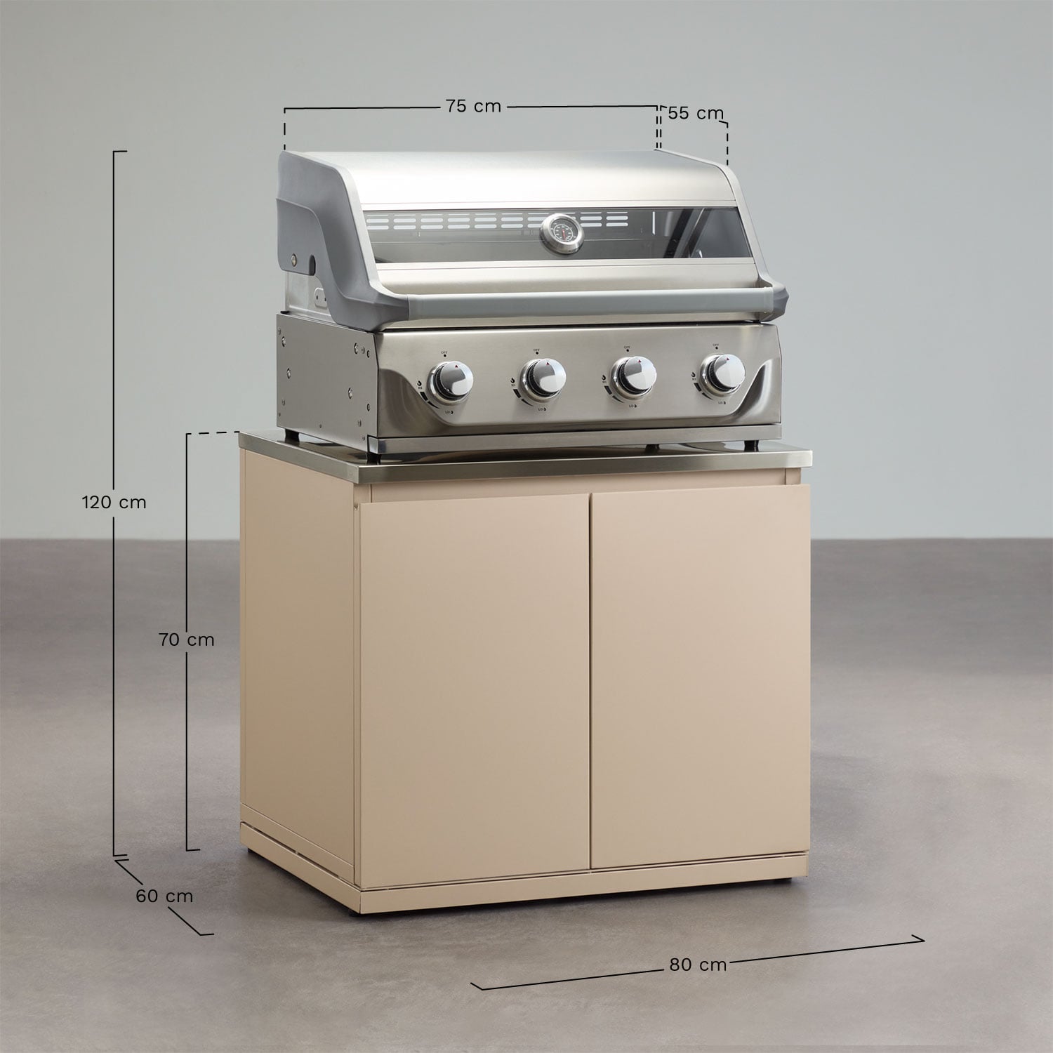 Module met gasbarbecue met 4 branders voor modulaire buitenkeuken van Rivana-staal, AFMETINGEN