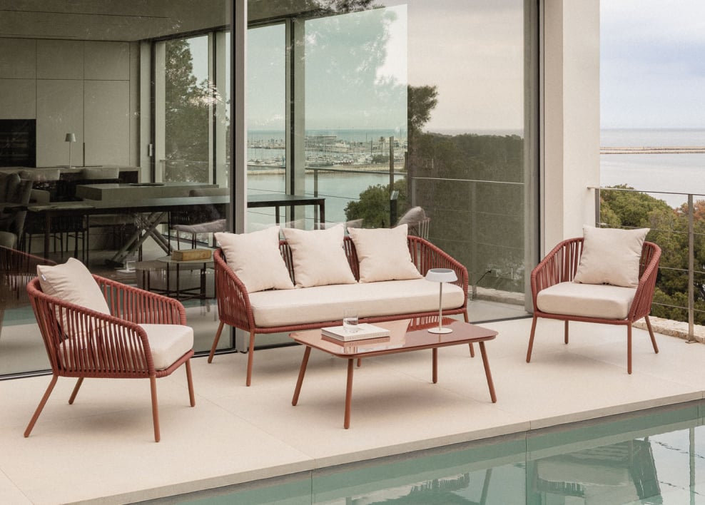 Tuinset met 2-zitsbank, 2 stoelen van gevlochten touw en salontafel Arhiza