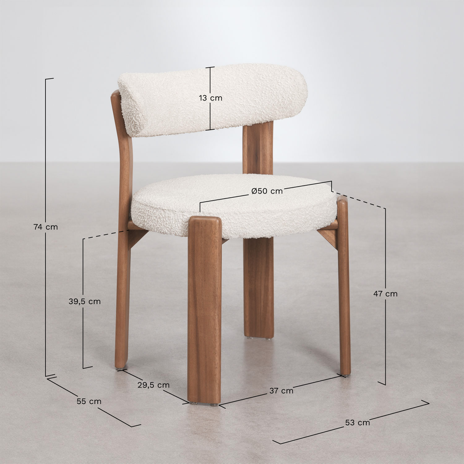 Set van 4 eetkamerstoelen van acaciahout en bouclé stof Milos, AFMETINGEN