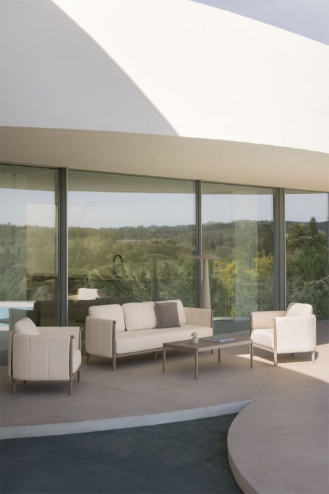 Tuinset met 3-zitsbank, 2 fauteuils in bouclé en aluminium salontafel Boleni