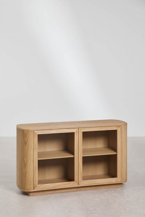 Rechthoekig dressoir 130x40 cm in eikenbruin MDF en gehard glas Walia