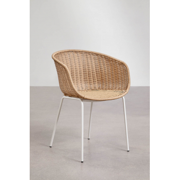 Set Van 4 Eetkamerstoelen Met Armleuningen Van Synthetisch Riet En Staal New Tulua Tapioca Beige & Geen Kussen - Sklum