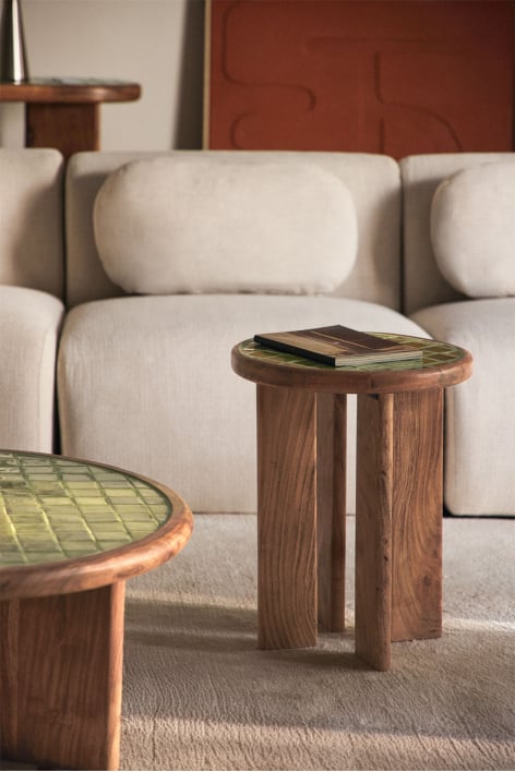 Ronde bijzettafel Ø40 cm van acaciahout en tegels Aitana - Meloengroen - Acaciabruin