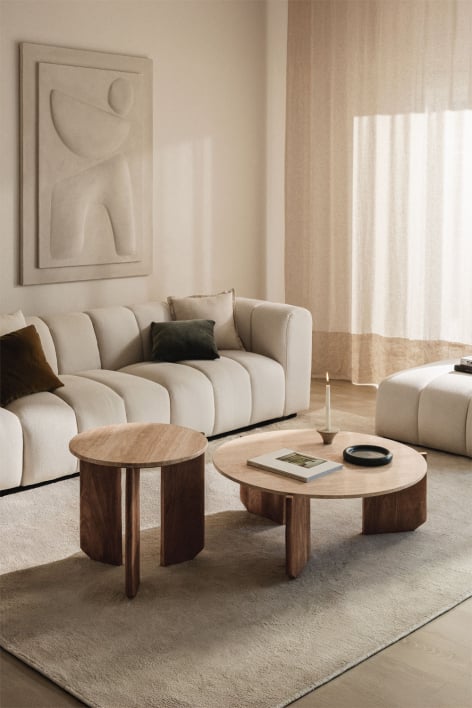 Set van 2 ronde salontafels in natuursteen en mangohout Lavinia - Travertine