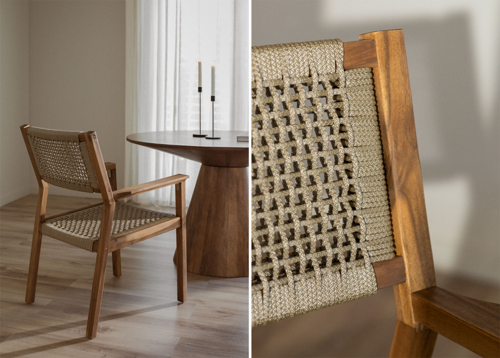 Eetkamerstoel met armleuningen van acaciahout en gevlochten touw Tenay Square - Bruin - Tarwe