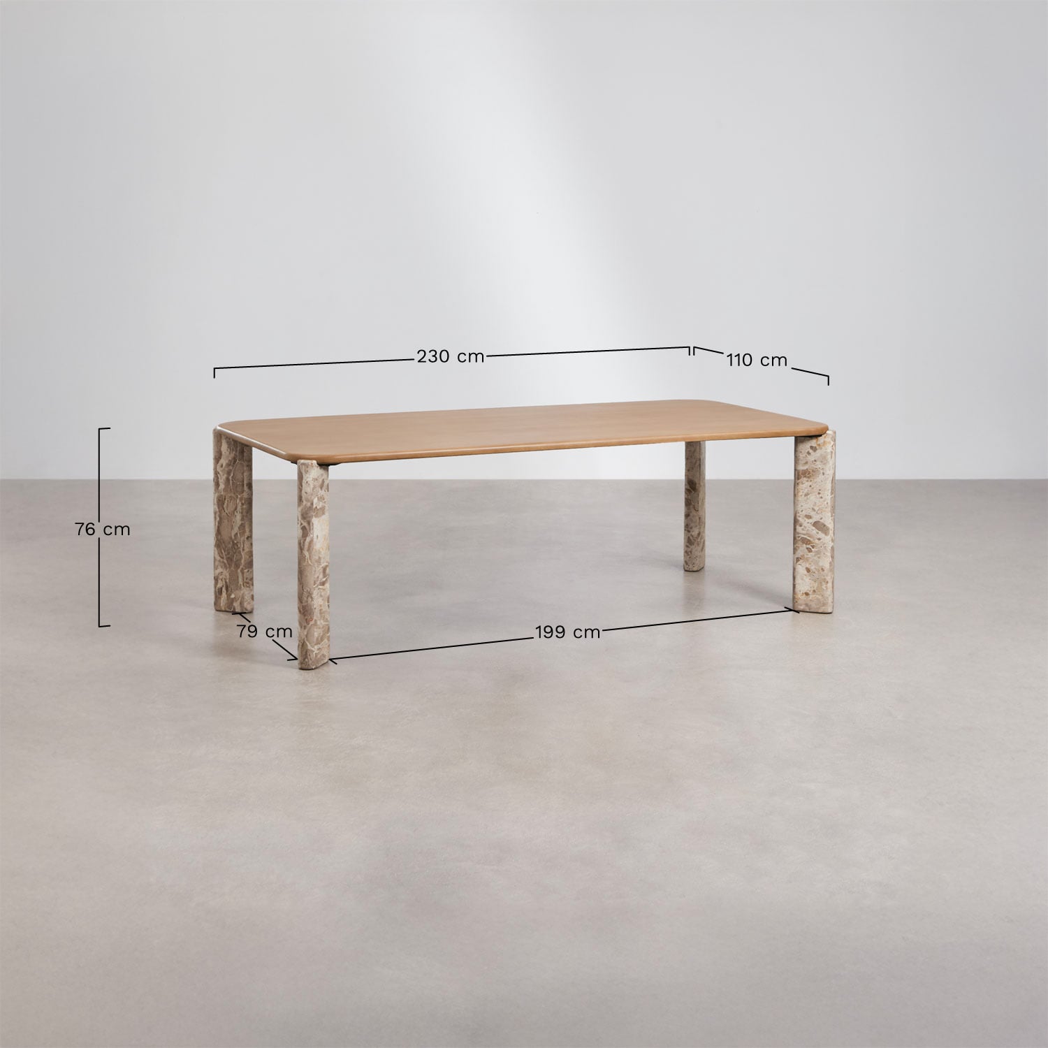 Rechthoekige eettafel 230x110 cm van mangohout en natuursteen Andeca, AFMETINGEN