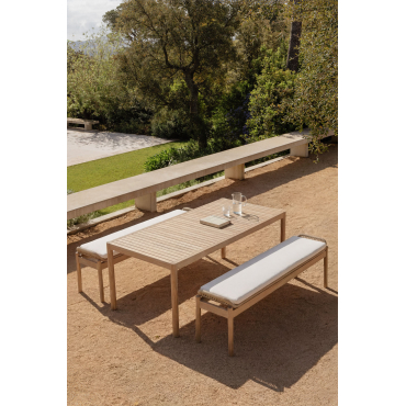 Rechthoekige Tafelset 180x90 Cm En 2 Tuinbanken Van Acaciahout En Gevlochten Touw Karvia Lichte Acaciekleur & Stof Wit - Sklum