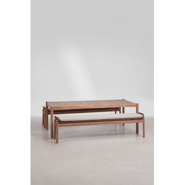 Rechthoekige Eettafelset 180x90 Cm Met 2 Eetbanken Van Acaciahout En Gevlochten Touw Karvia Acacia Bruin & Hazelnootbruin Doek - Sklum
