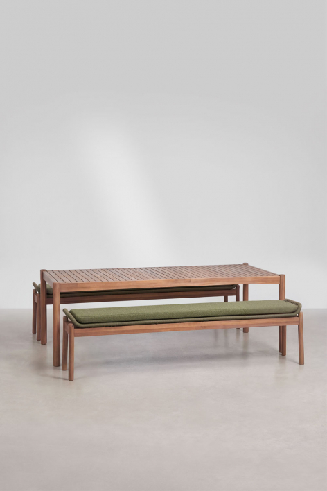 Rechthoekige eettafelset 180x90 cm met 2 eetbanken van acaciahout en gevlochten touw Karvia - Bouclé Groen – Salie