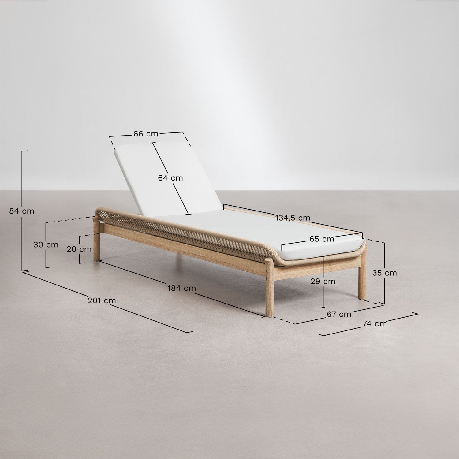 Verstelbare ligstoel van acaciahout en gevlochten touw Karvia, AFMETINGEN