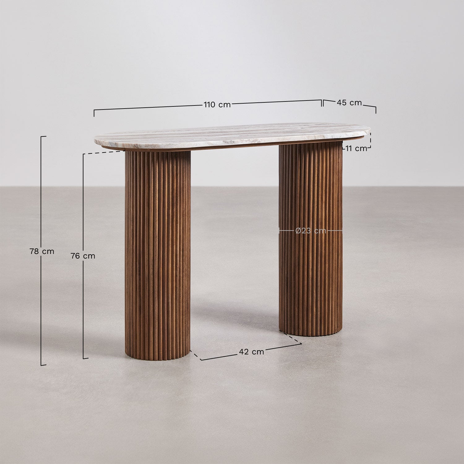 Giselda halfrond 110x45 cm in mangohout en marmer, AFMETINGEN