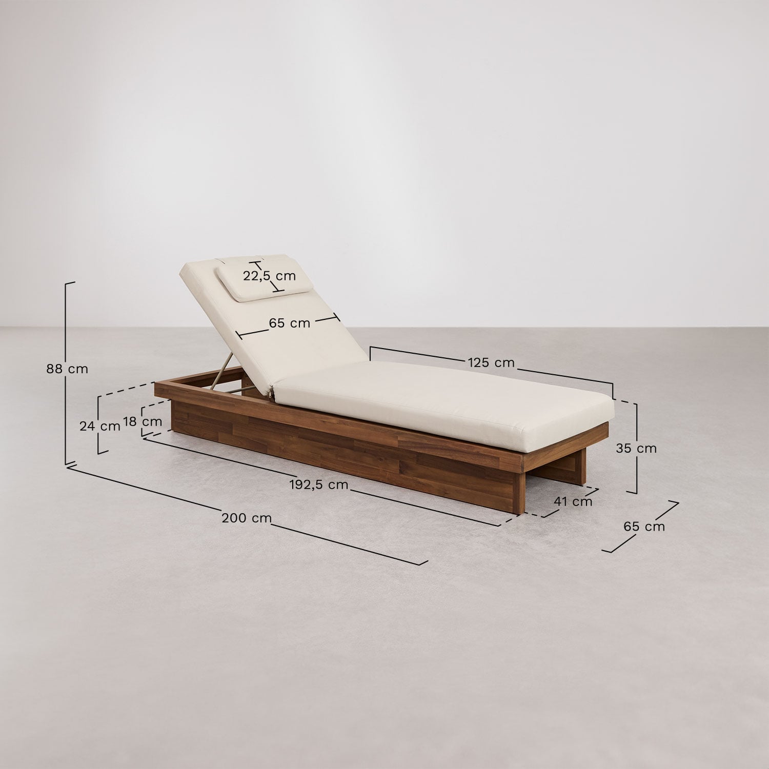 Ligbed van acaciahout met kussen Dailin, AFMETINGEN