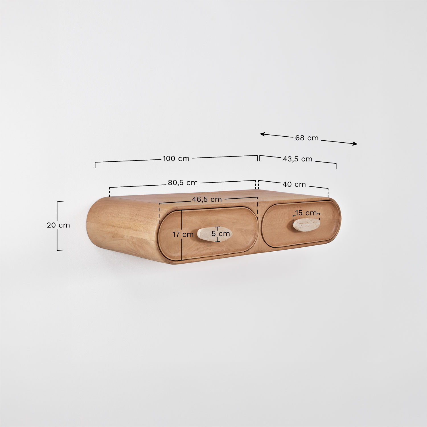 Wandgarderobe 100x40 cm van mangohout en travertijn Kivalina, AFMETINGEN