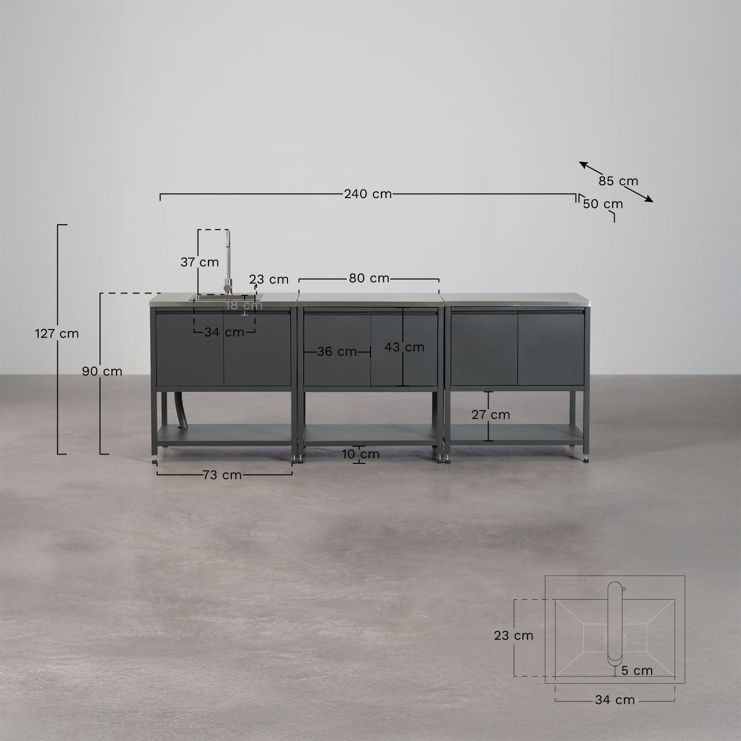 Modulaire buitenkeuken van 3 delen met spoelbak en opbergruimte van staal Savona, AFMETINGEN
