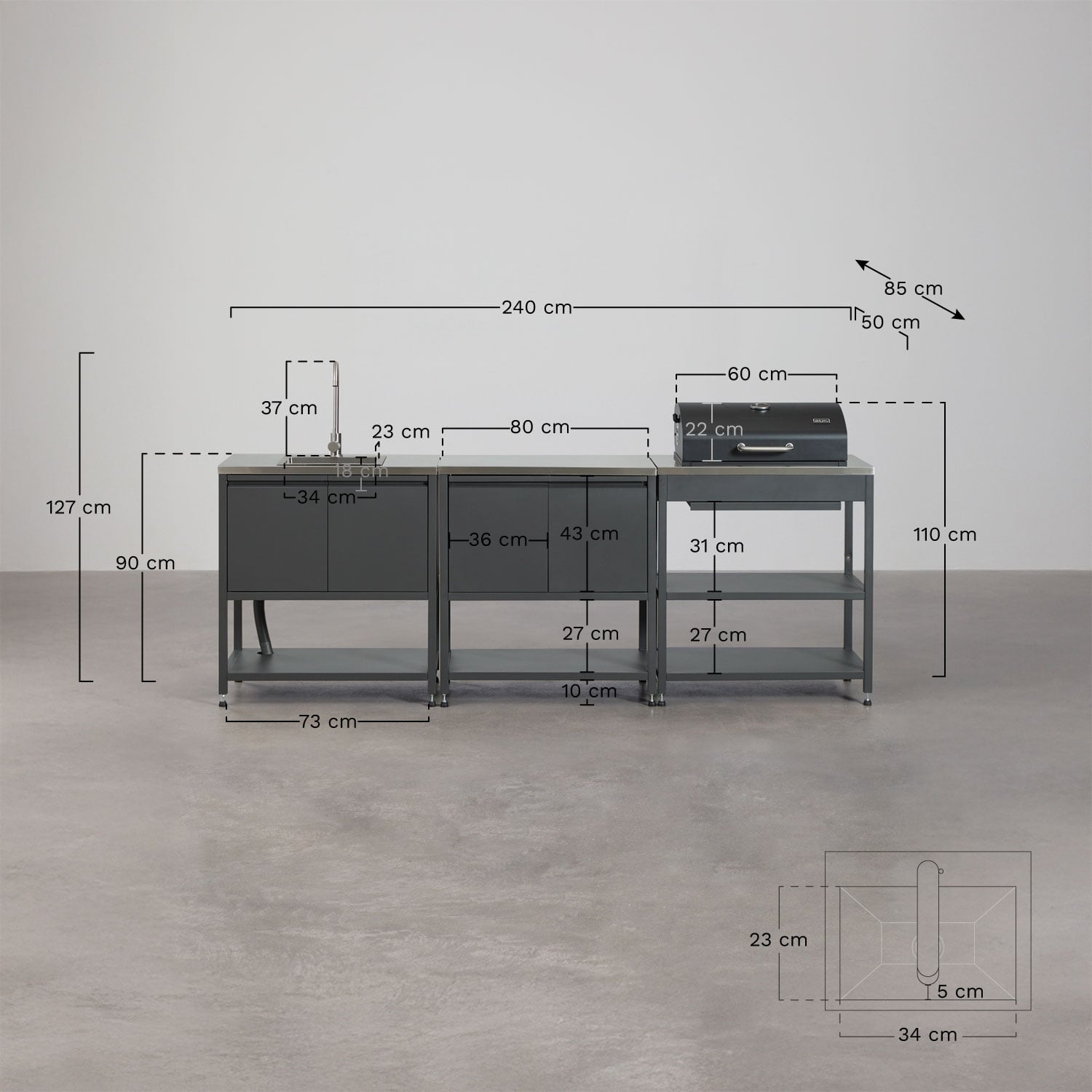 Modulaire buitenkeuken van 4 delen met gootsteen, organizerpaneel, kar en Savona koolskoolbarbecue van staal, AFMETINGEN