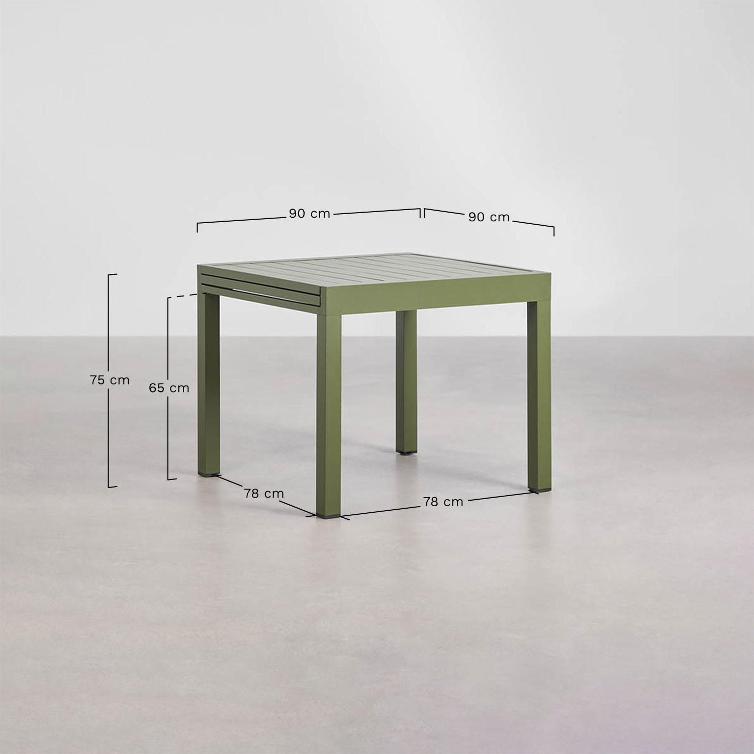 Rechthoekige uitschuifbare tafelset 90-180x90 cm in aluminium Starmi en 4 stapelbare tuinstoelen in aluminium Karena, AFMETINGEN