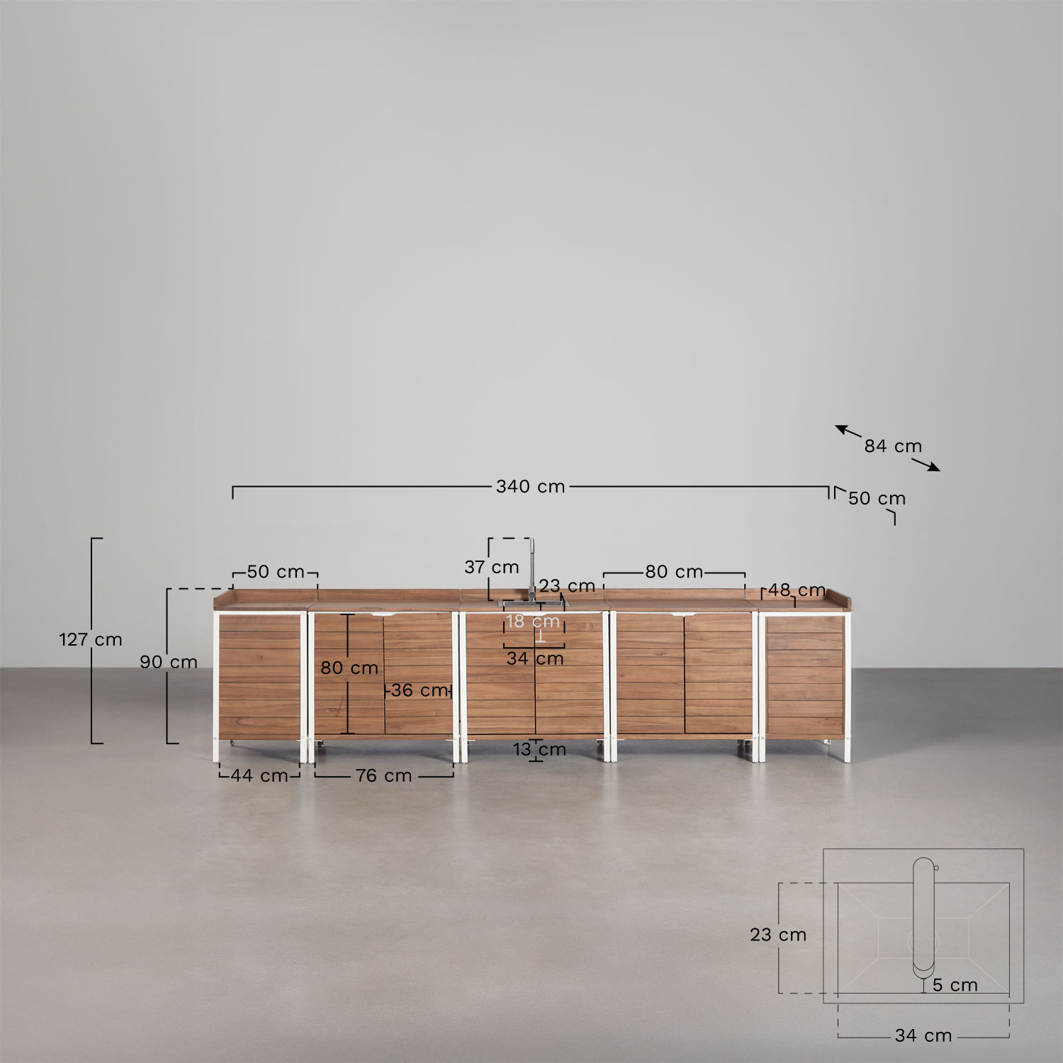 Modulaire buitenkeuken van 6 delen met gootsteen en opbergruimte van acaciahout Reggie, AFMETINGEN