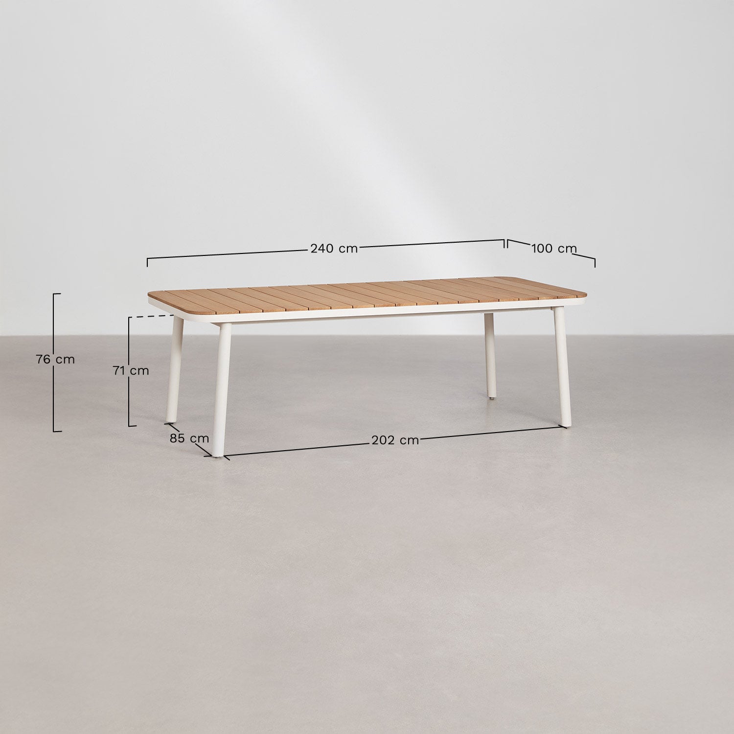 Rechthoekige uitschuifbare eettafel 240-300x100 cm van aluminium Mareiran en 8 stapelbare tuinstoelen van staal Tossa, AFMETINGEN