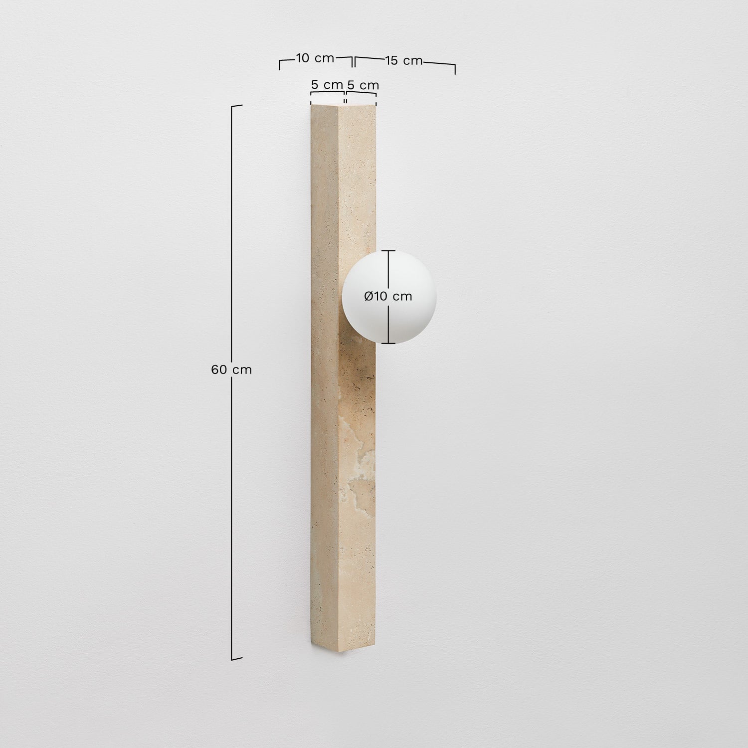 Liperi wandlamp van glas en natuursteen, AFMETINGEN
