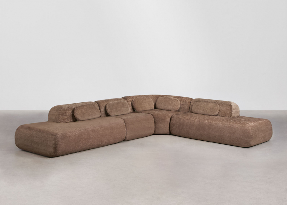 Modulaire hoekbank van 4 delen met dubbele chaise longue in vacuüm verpakte chenille Merida - Bruine chenille