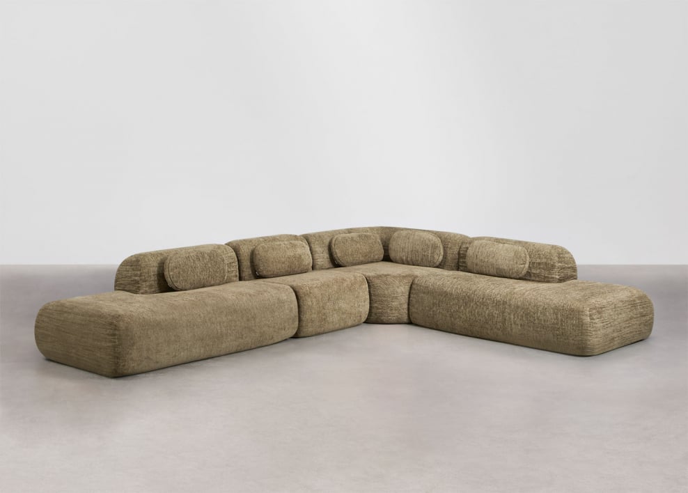 Modulaire hoekbank van 4 delen met dubbele chaise longue in vacuüm verpakte chenille Merida - Dikke chenille saliegroen
