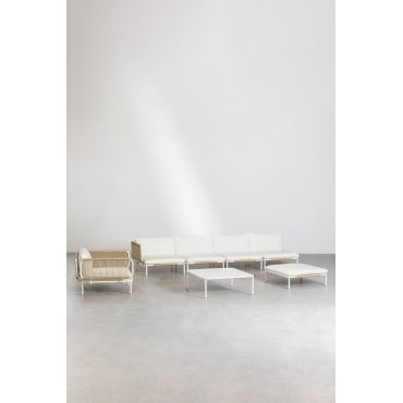 Tuinset Met 4-delige Modulaire Hoekbank, Salontafel, Poef En Stoel Van Roubly Staal Beige Amandelroos - Sklum