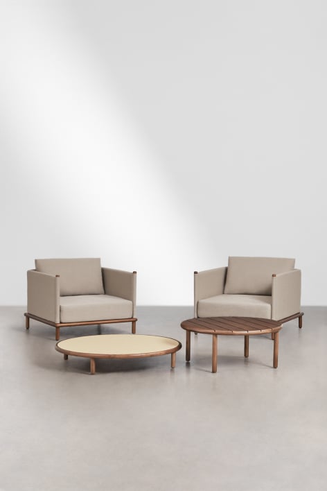 Tuinset met 2 fauteuils en 2 ronde salontafels van acaciahout Olivia - Beige - Semoline - Donker Acaciabruin