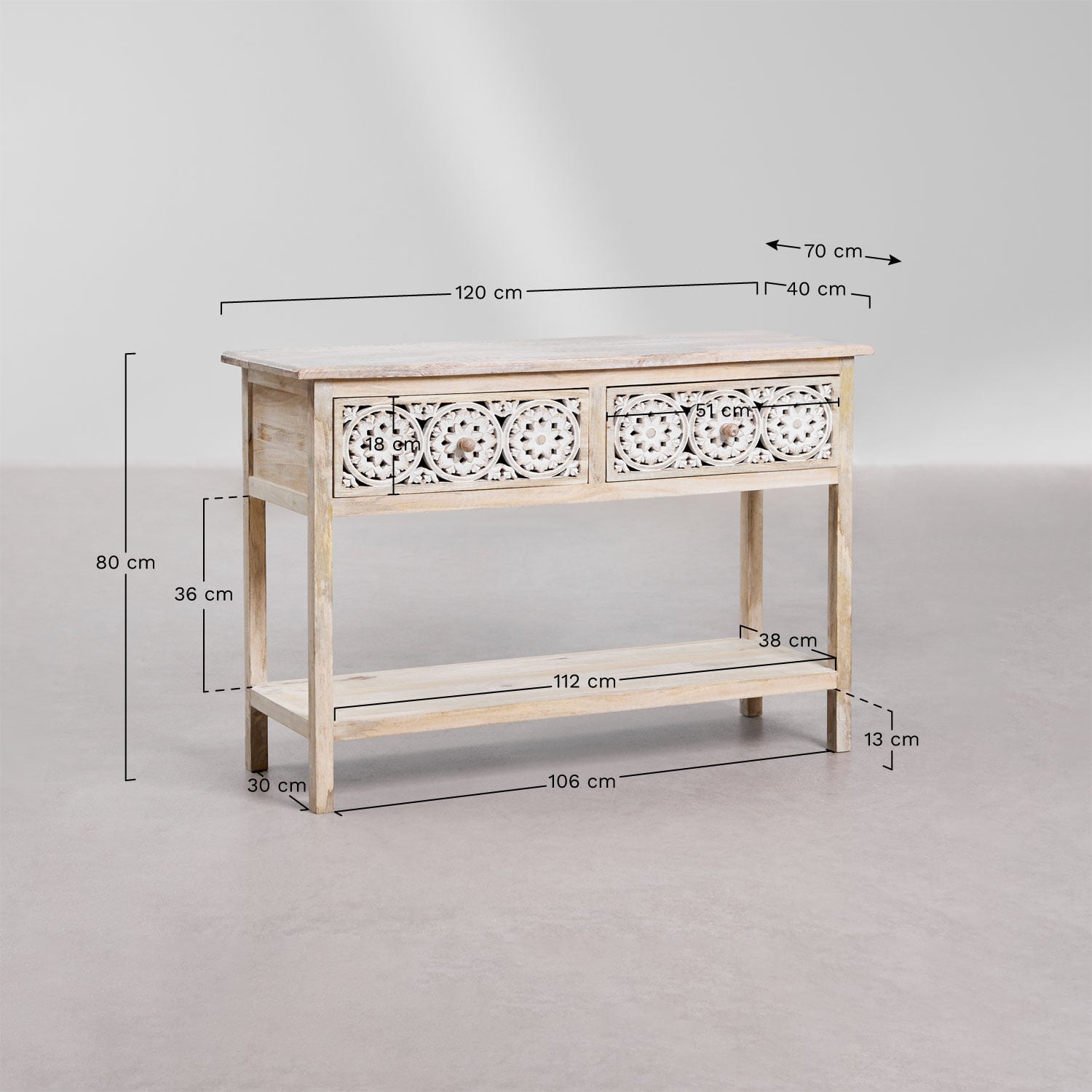 Consolereceiver 120x40 cm in mangohout Ardel, AFMETINGEN