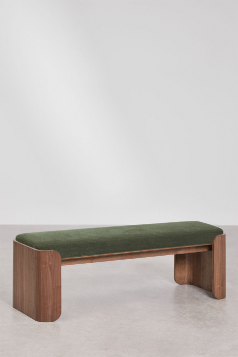 Bank 140 cm van donker rubberhout en fineer bekleed met intens olijfgroene stof Lofren