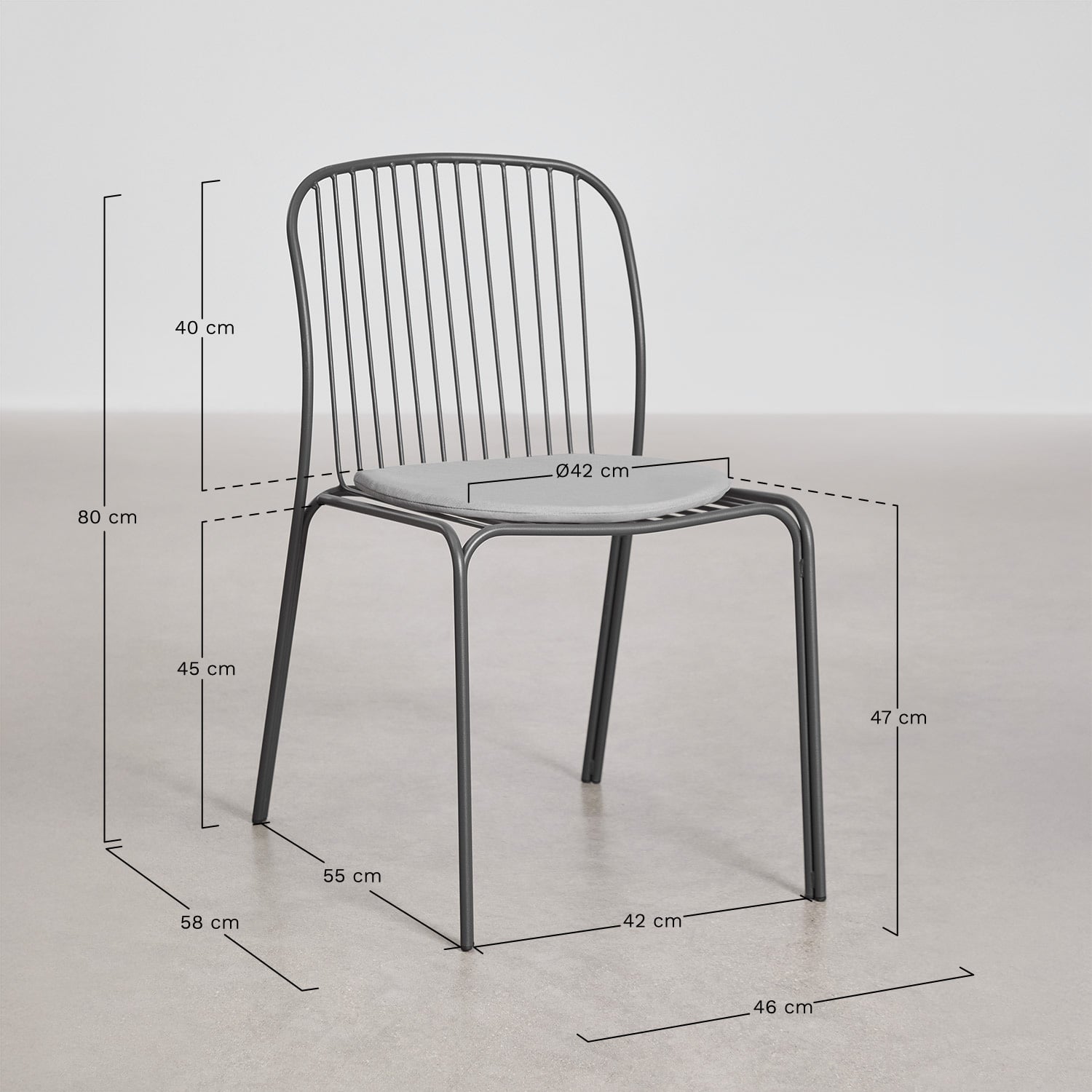 Ronde tafelset Ø110 cm in aluminium Elton en 4 tuinstoelen in staal Anerina, AFMETINGEN