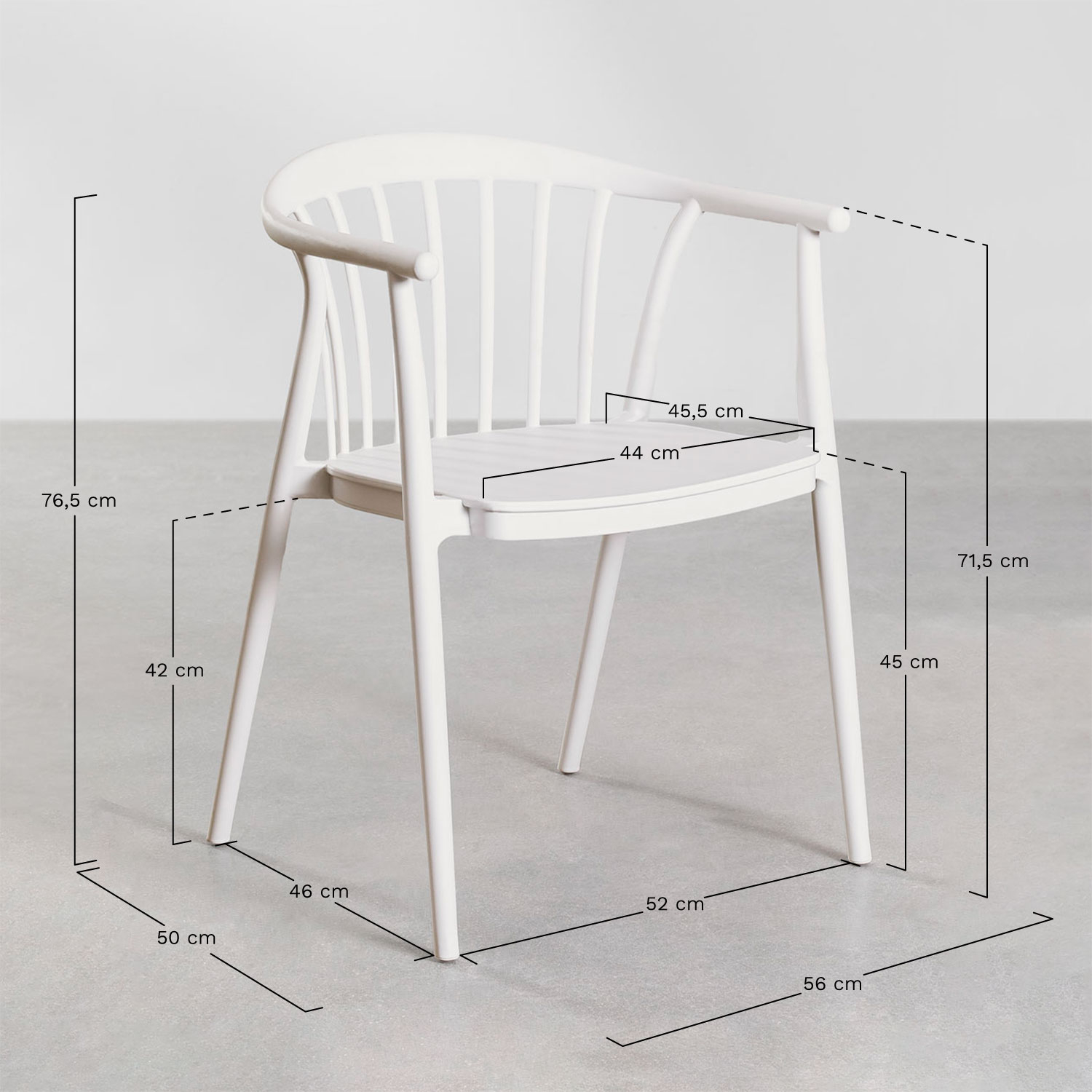 Set van rechthoekige tafel 135x80 cm Scand en 4 tuinstoelen met armleuningen in polypropyleen Ivor, AFMETINGEN