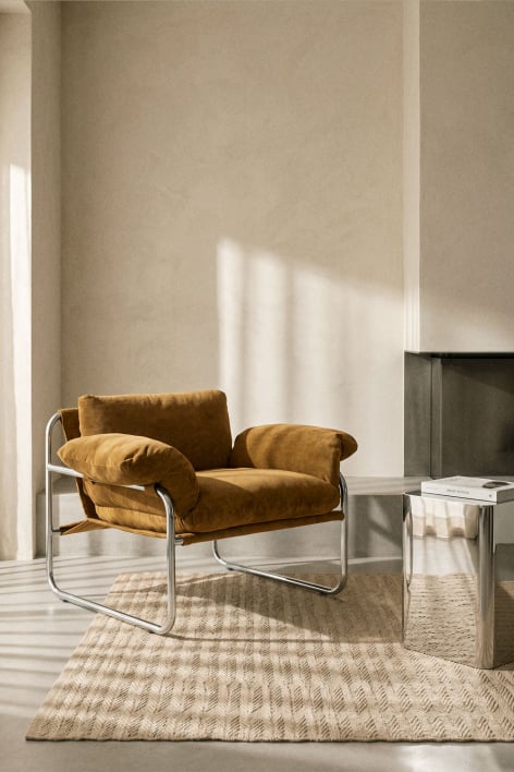 Fauteuil van chenille en ijzer Evani - Donker mosterdkleurige chenille