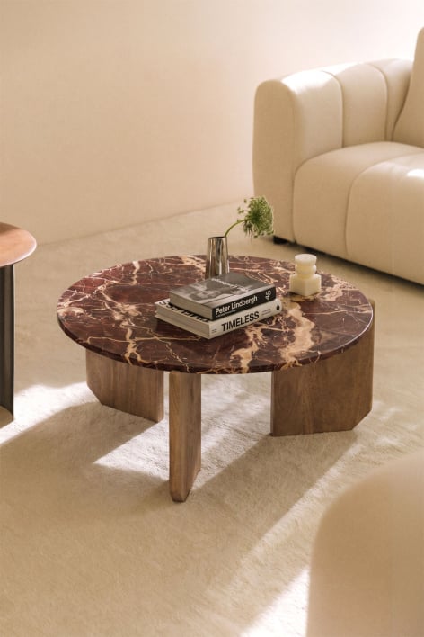 Ronde salontafel van natuursteen en mangohout Lavinia - Rood Marmer Cherry Gold