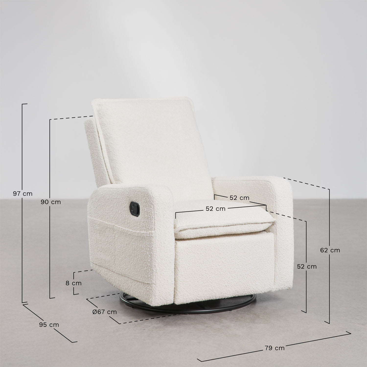 Draaibare en verstelbare fauteuil van Nolon bouclé stof, AFMETINGEN