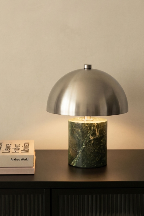 Draadloze LED-tafellamp van ijzer en natuursteen Nicolas - Groen Marmer Forest