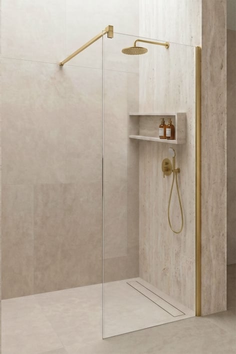 Vaste douchewand 80x195 cm, 8 mm helder gehard glas en geborsteld goud Bristol aluminium