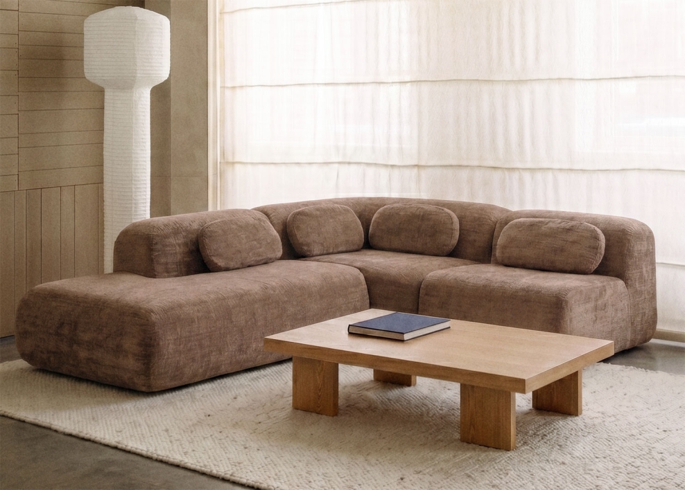 Modulaire hoekbank van 3 delen met linker divan in vacuüm verpakte chenille Merida