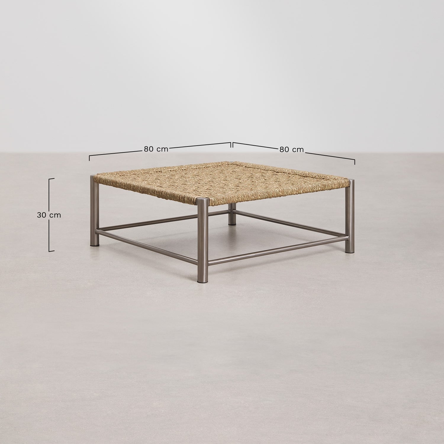 Vierkante salontafel 80x80 cm van roestvrij staal en jute Narnial, AFMETINGEN