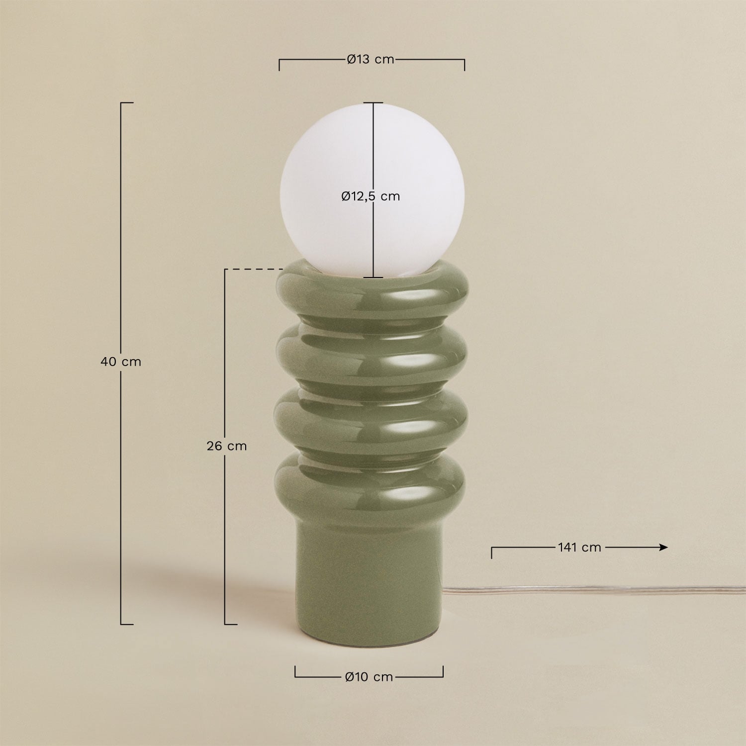 40 cm keramische tafellamp met Kryx glazen bol, AFMETINGEN