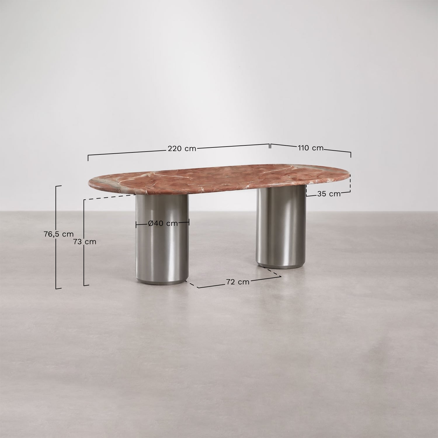 Ovalen eettafel 220x110 cm Luceida, AFMETINGEN
