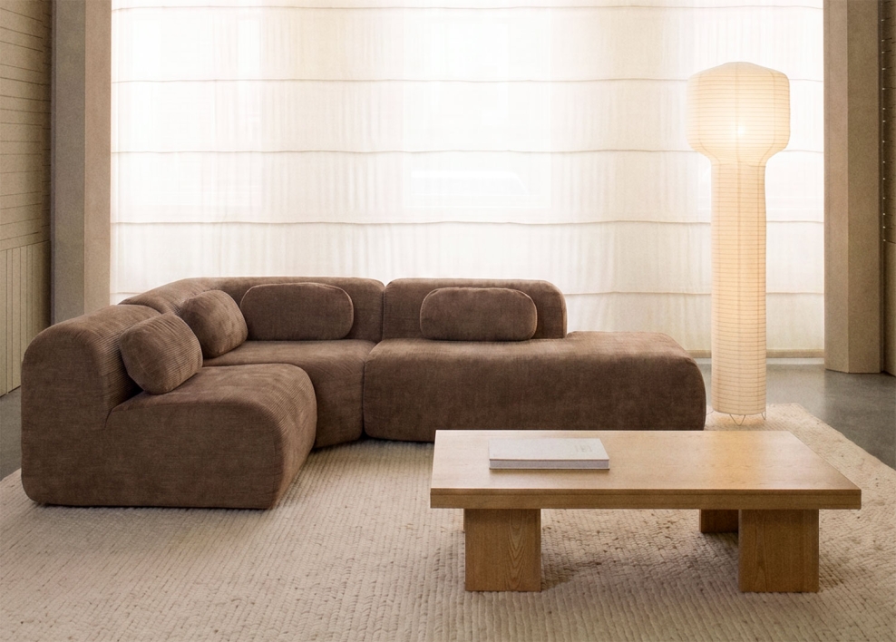 Modulaire hoekbank van 3 delen met rechter divan in vacuüm verpakte chenille Merida - Bruine chenille