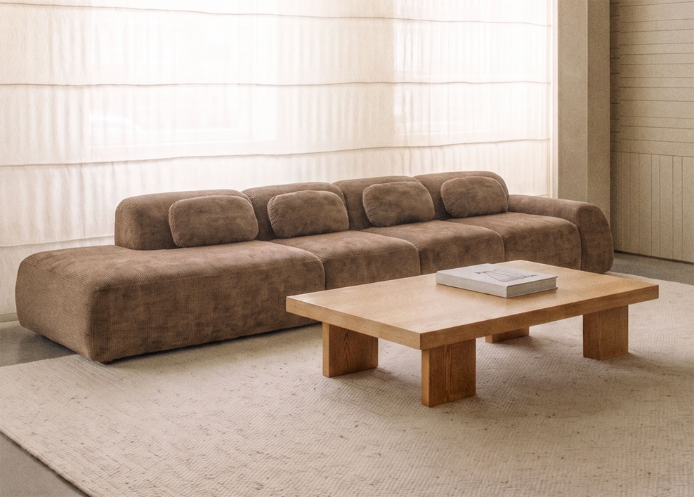 Modulaire hoekbank van 4 delen met linker divan in vacuüm verpakte chenille Merida - Bruine chenille