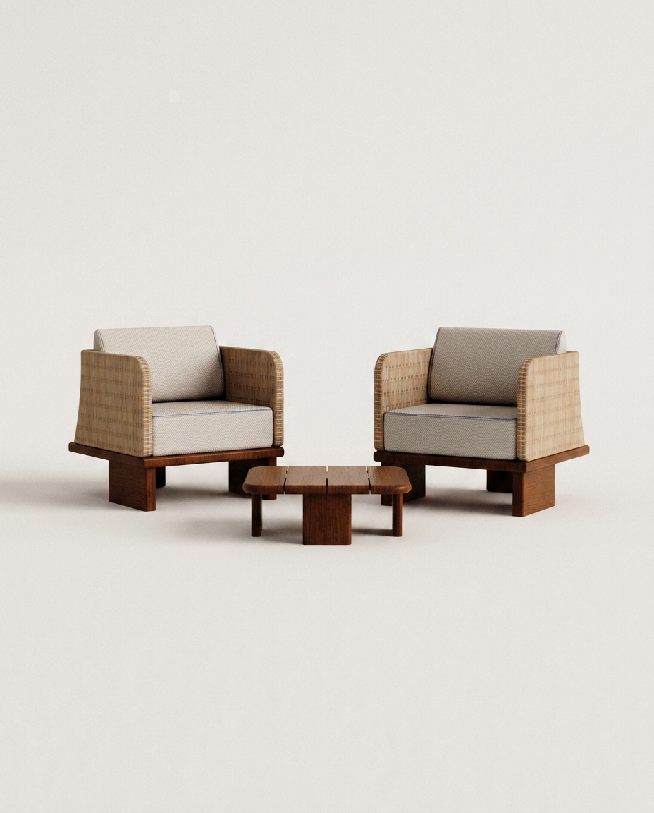Tuinset met 2 fauteuils en een vierkante salontafel 70x70 cm van rattan en acaciahout Famara