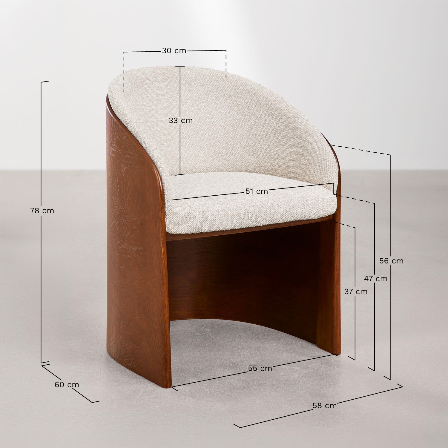 Fauteuil van eikenhout en bouclé Keluna, AFMETINGEN