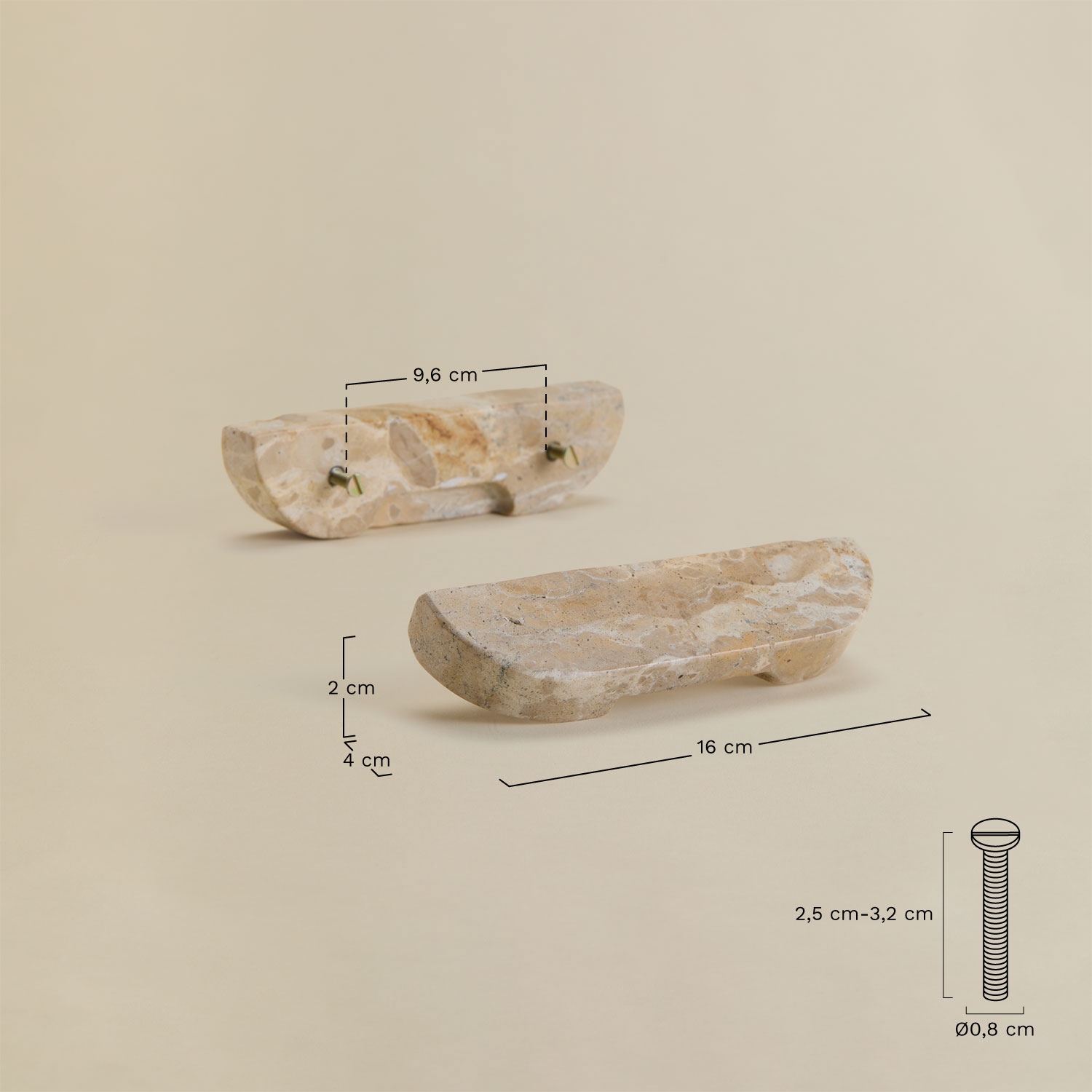 Set van 2 handgrepen van natuurlijk steen Tinesla, AFMETINGEN