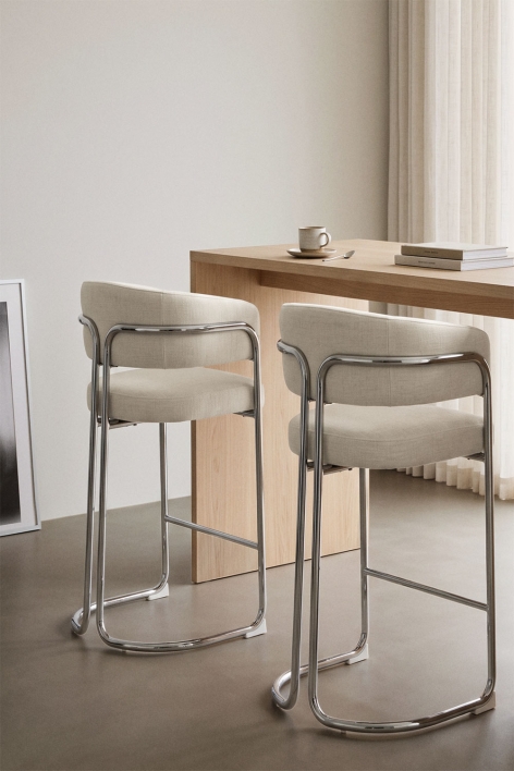 Zithoog kruk met gestoffeerde rugleuning en ijzer Zantria - Chenille Crèmebeige