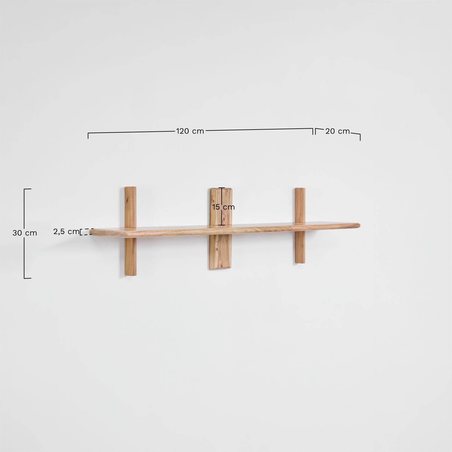 Pack van 2 wandplanken ↔︎120 cm van acaciahout Erisu, AFMETINGEN